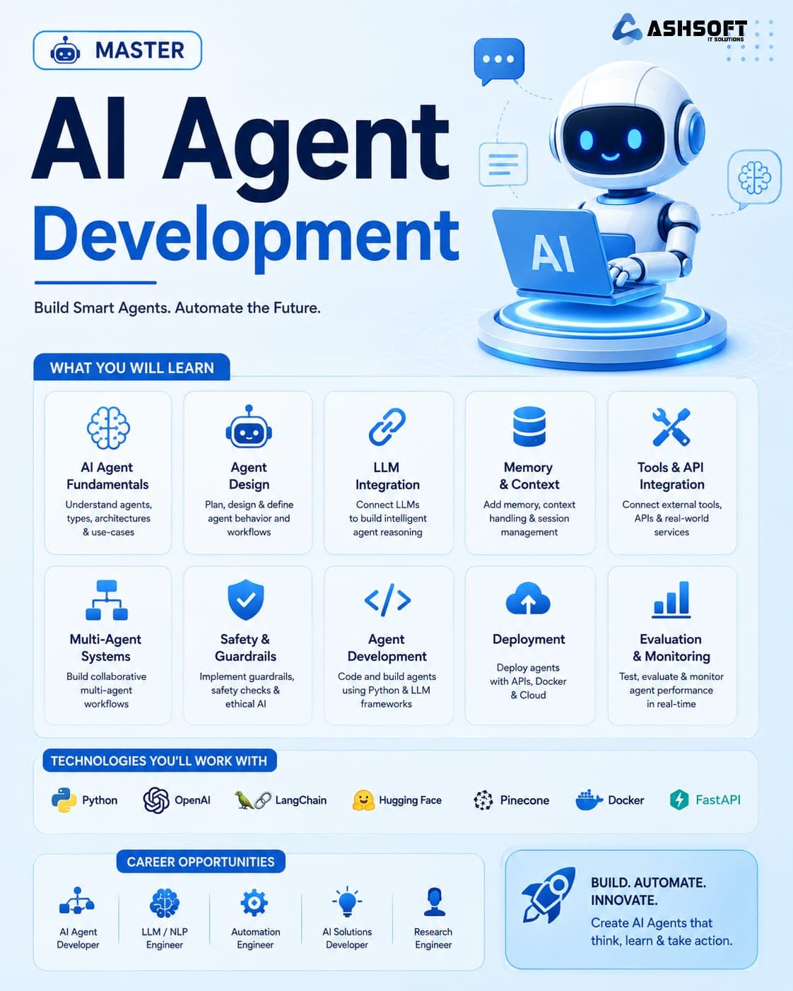 AI Agent Development course poster with a robot assistant and curriculum highlights