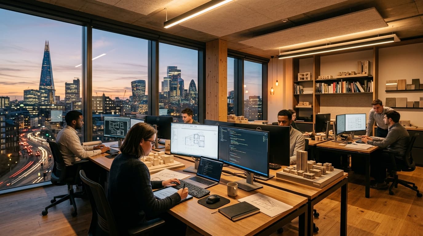 Technology team collaborating in a modern workspace